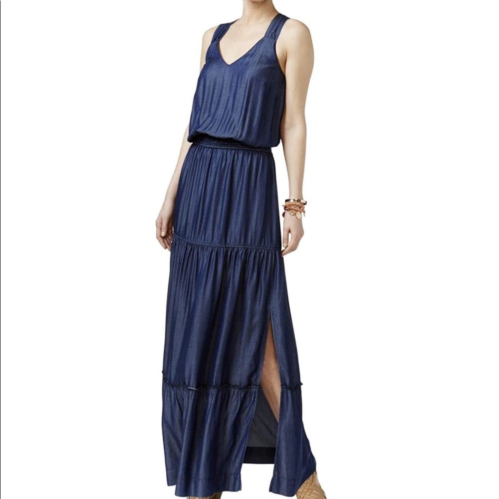 NWT Lightweight luxury flowy denim look tiered strappy criss-cross maxi L or XXL